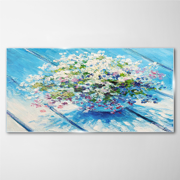 Floral composition on a blue background Glass Wall Art