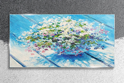 Floral composition on a blue background Glass Wall Art