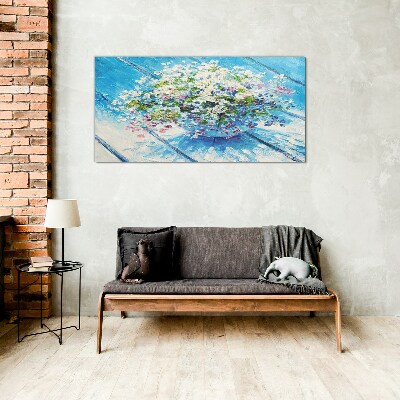 Floral composition on a blue background Glass Wall Art
