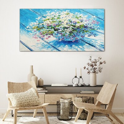 Floral composition on a blue background Glass Wall Art