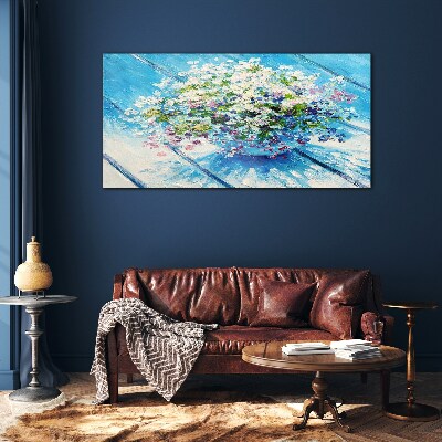 Floral composition on a blue background Glass Wall Art