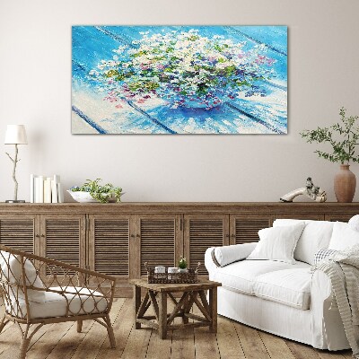 Floral composition on a blue background Glass Wall Art