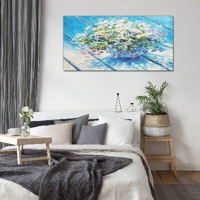 Floral composition on a blue background Glass Wall Art
