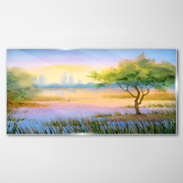 Morning calm by the lake Glass Wall Art