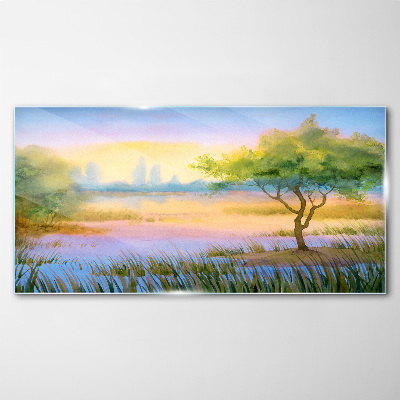 Morning calm by the lake Glass Wall Art