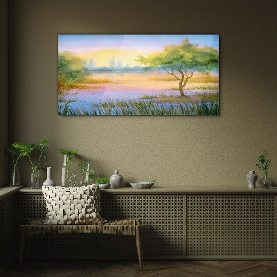 Morning calm by the lake Glass Wall Art