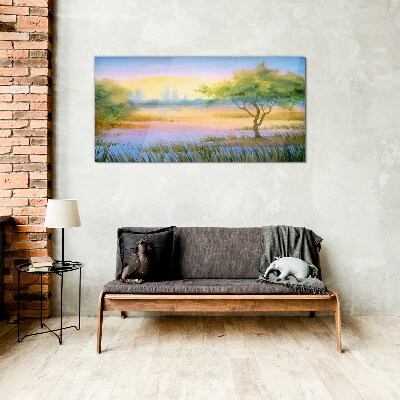 Morning calm by the lake Glass Wall Art
