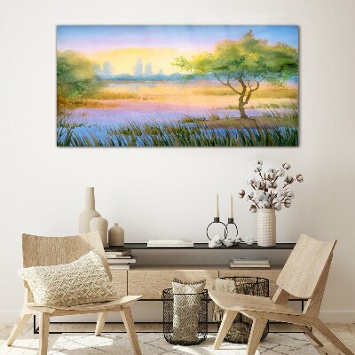 Morning calm by the lake Glass Wall Art
