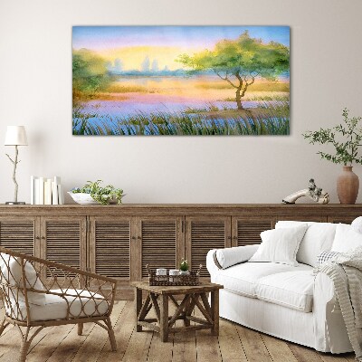 Morning calm by the lake Glass Wall Art