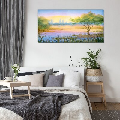 Morning calm by the lake Glass Wall Art
