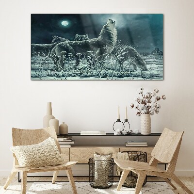 Wolves Under the Moon Glass Wall Art