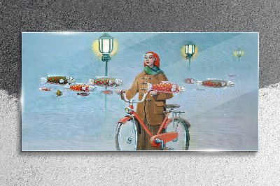 A cyclist's fish trip Glass Wall Art