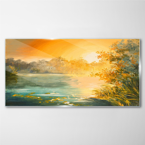 Golden hour on the river Glass Wall Art