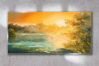 Golden hour on the river Glass Wall Art