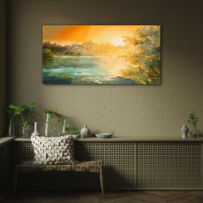 Golden hour on the river Glass Wall Art