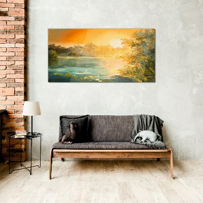 Golden hour on the river Glass Wall Art