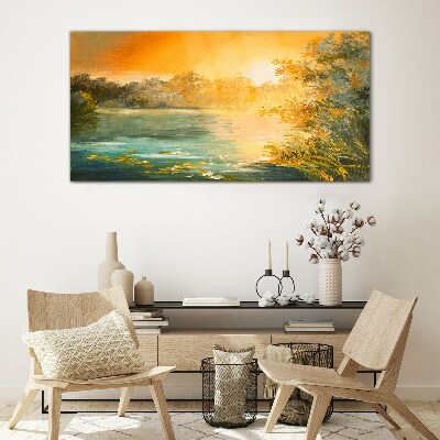 Golden hour on the river Glass Wall Art