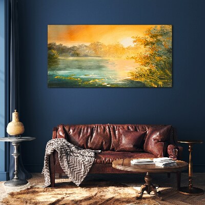 Golden hour on the river Glass Wall Art