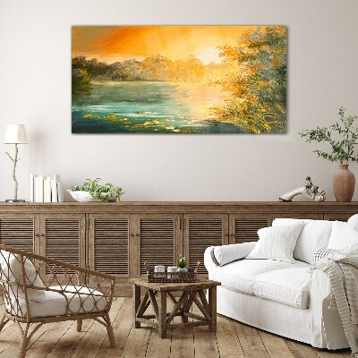 Golden hour on the river Glass Wall Art