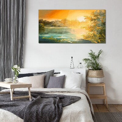 Golden hour on the river Glass Wall Art