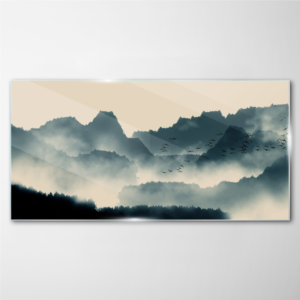 Misty mountain landscape with birds Glass Wall Art