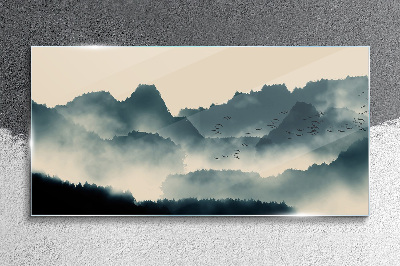 Misty mountain landscape with birds Glass Wall Art