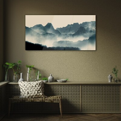 Misty mountain landscape with birds Glass Wall Art