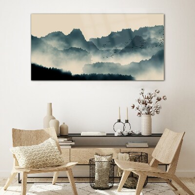 Misty mountain landscape with birds Glass Wall Art