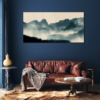 Misty mountain landscape with birds Glass Wall Art