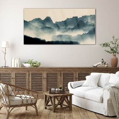 Misty mountain landscape with birds Glass Wall Art