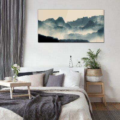 Misty mountain landscape with birds Glass Wall Art