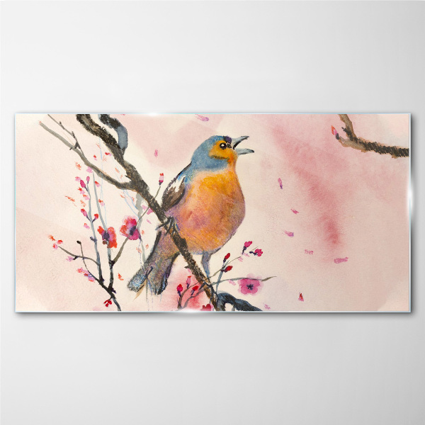 A singing bird in a spring landscape Glass Wall Art