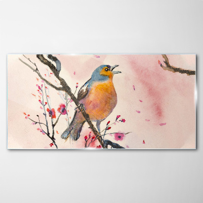 A singing bird in a spring landscape Glass Wall Art