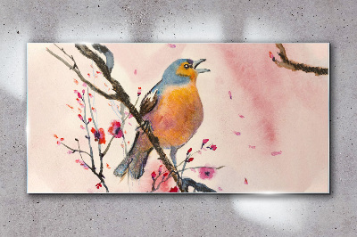 A singing bird in a spring landscape Glass Wall Art