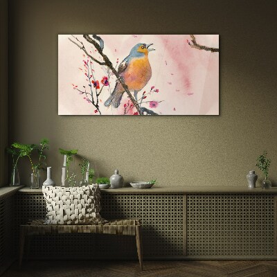 A singing bird in a spring landscape Glass Wall Art