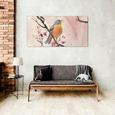 A singing bird in a spring landscape Glass Wall Art