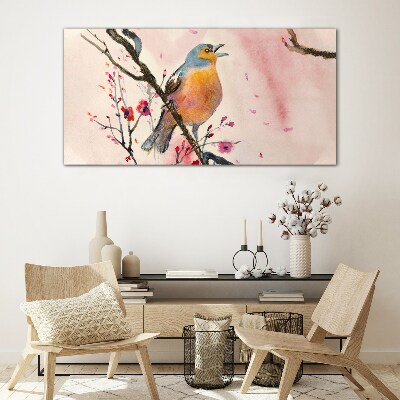 A singing bird in a spring landscape Glass Wall Art