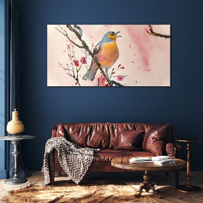 A singing bird in a spring landscape Glass Wall Art