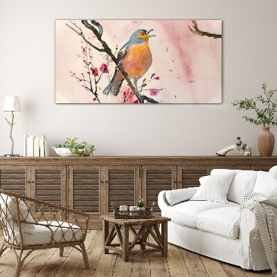 A singing bird in a spring landscape Glass Wall Art