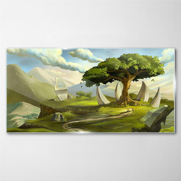 Green Oasis in the Mountain Landscape Glass Wall Art