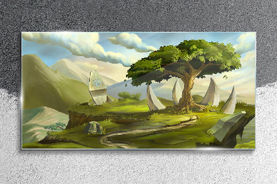 Green Oasis in the Mountain Landscape Glass Wall Art