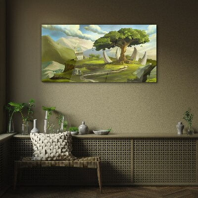 Green Oasis in the Mountain Landscape Glass Wall Art
