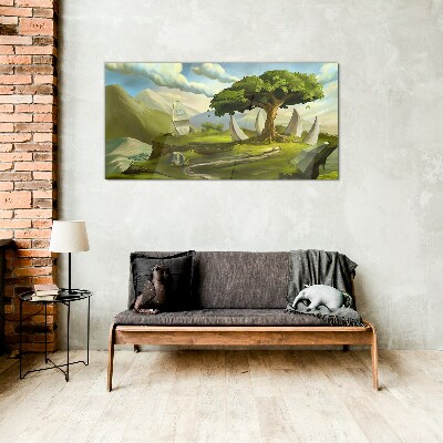 Green Oasis in the Mountain Landscape Glass Wall Art