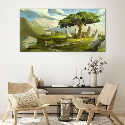 Green Oasis in the Mountain Landscape Glass Wall Art