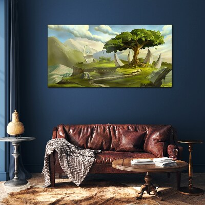 Green Oasis in the Mountain Landscape Glass Wall Art