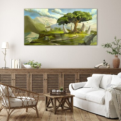 Green Oasis in the Mountain Landscape Glass Wall Art
