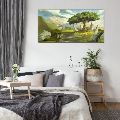 Green Oasis in the Mountain Landscape Glass Wall Art