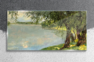 Painting lake trees Glass Wall Art