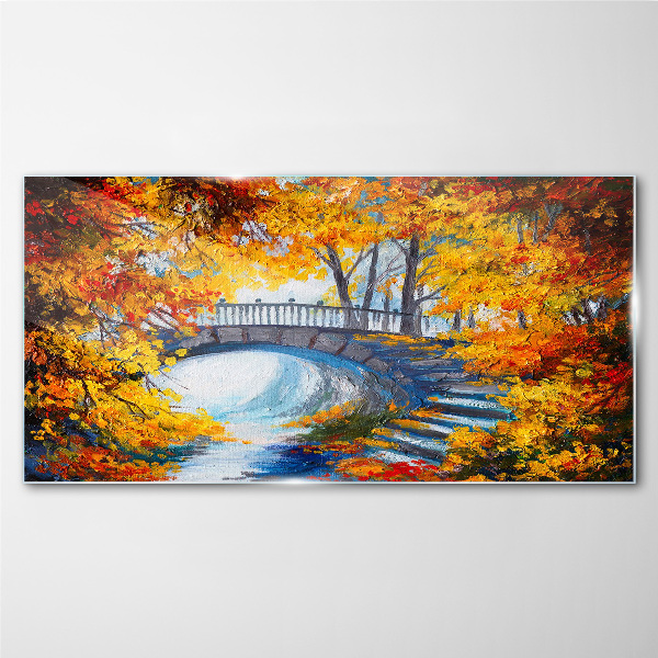 Golden bridge in autumn park Glass Wall Art