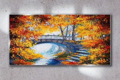 Golden bridge in autumn park Glass Wall Art